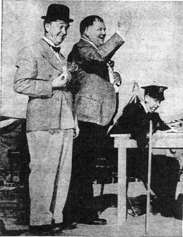 The famous team of Stan Laurel and Oliver Hardy perform in the very first